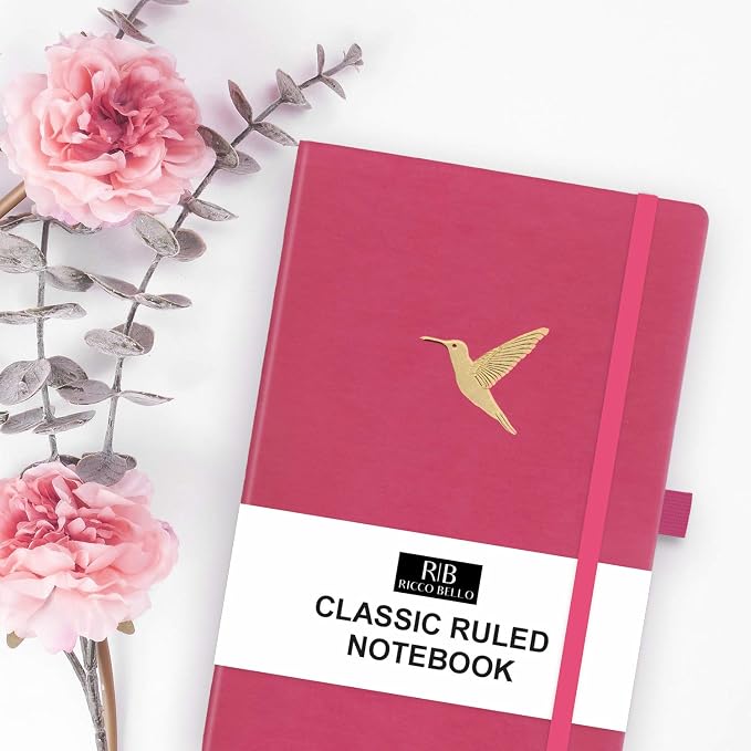 RICCO BELLO Lined Journal Notebook, Hummingbird | Faux Leather Hardcover, With Pen Holder, 96 Sheets / 192 Pages, College Ruled, 5.7 x 8.4 Inches