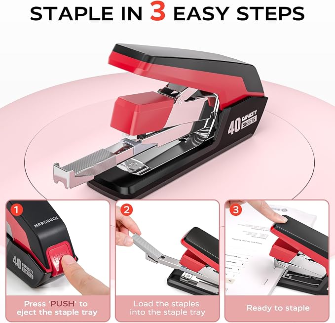 MARSROCK Effortless Stapler for Desk with 40-50 Sheet Capacity, 2000 Staples, 1-Touch Stapling, Ergonomic & Easy to Load Desktop Staplers, Heavy Duty Stapler, and Magnetic Staple Remover, Red