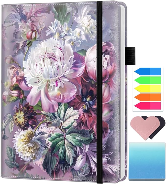 A5 Leather Lined Journal Notebook, 200 Pages Hardcover Executive Notebook for Men Women Office School Note Taking, Thick Writing Paper Daily Journal with Bookmarks/Indexes, Peony