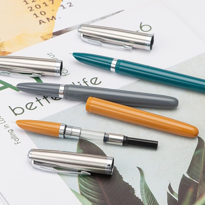 3 Jinhao 86 Fountain Pen Set (Malachite Blue, Khaki and Gray Resin) Extra Fine Nib with Refillable Ink Converter