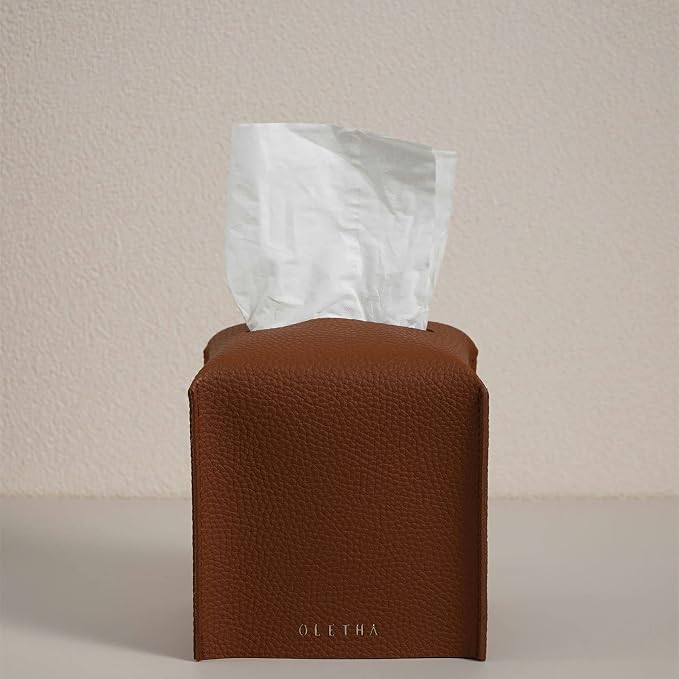 OLETHA Square Tissue Box Cover - Aesthetic Desk Decor for Room, Home & Office - Tissues Cube Boxes Holder - Brown