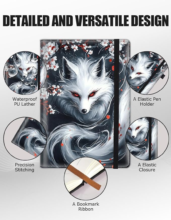 Hardcover Executive Notebooks, A5 PU Leather Lined Journal Notebook, 200 Pages Thick Paper Subject Notebooks for School,Work,Home Writing Business Notebook, Diary Book ，White Kitsune Fox