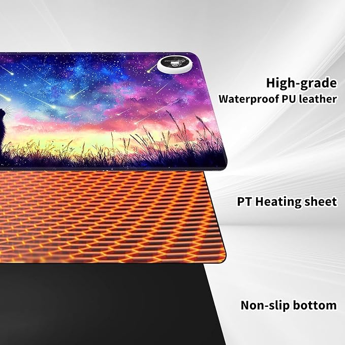 Heated Desk Pad Mouse Pad,Heated Desk Mat,with 3 Heating Levels & 3 Hours Auto Shut-Off,Leather 23.6"*14.2" Gaming Mouse Laptop Mat,Foot Warmer,Colorful Galaxy Cat