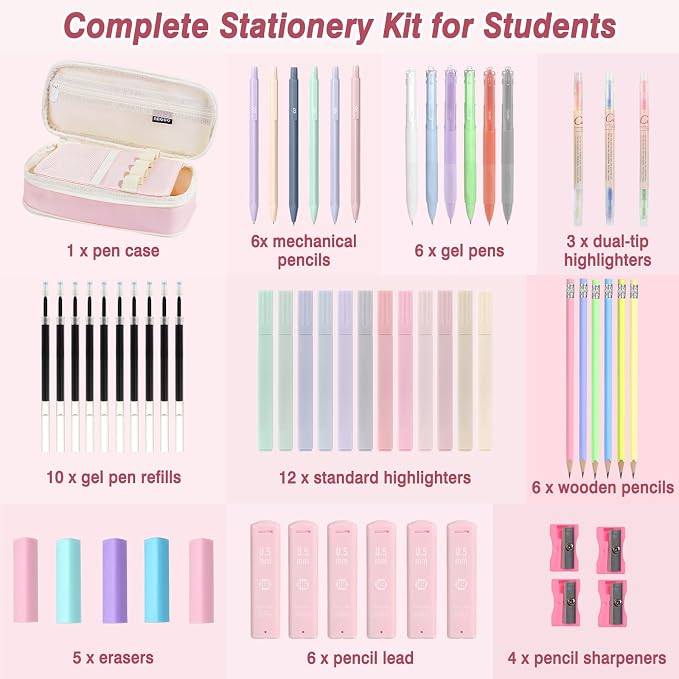 MoKo Pencil Case with Supplies, 59Pcs Aesthetic School Set, Pink | Includes gel pens, wooden and mechanical pencils, 0.5 and 0.7 mm refills, highlighters, erasers and sharpeners.