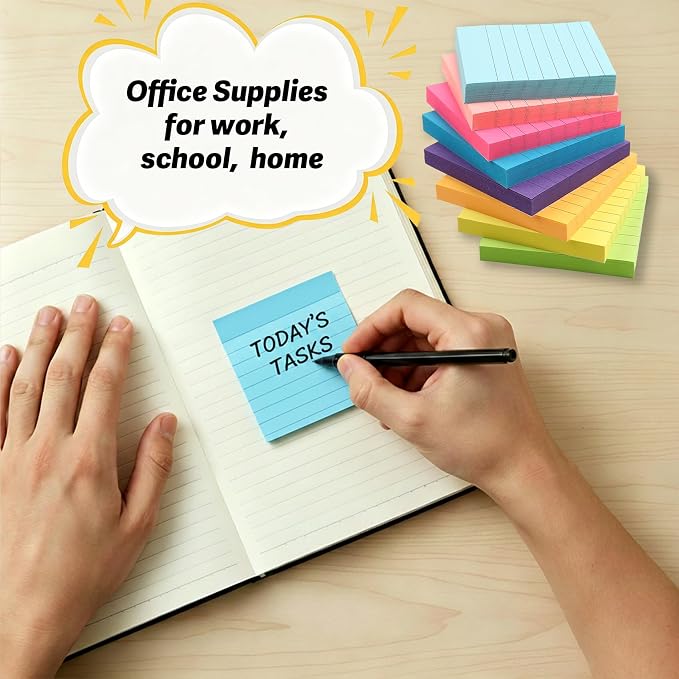Lined Sticky Notes Pop Up Sticky Notes with Lines 8 Pads 8 Colors 3x3 100 Sheets Large Self-Stick Lined Stickies College Ruled Note Pads Teacher Back to School Supplies and Oﬃce Products