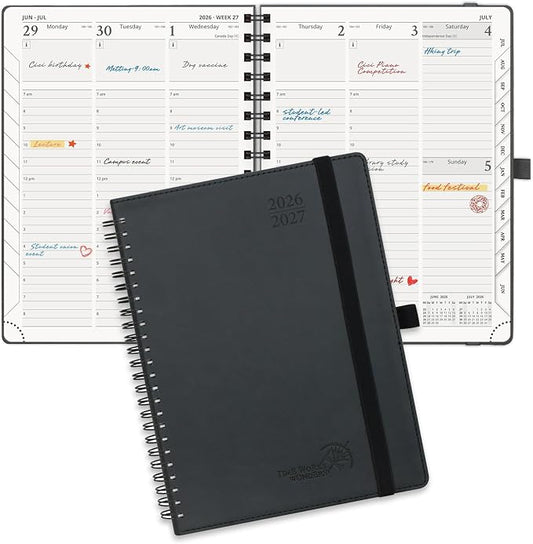 POPRUN Planner 2026-2027 (Medium - 6.5'' x 8.5'') Academic Weekly Planner | Calendar(July 2026 - June 2027) Appointment Book with Hourly Time Slots, Monthly Tabs, 100GSM, Spiral Leather Cover - Black