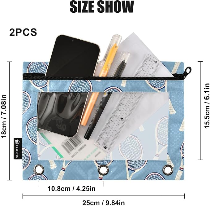 ALAZA Tennis Racket Blue Pencil Pouch for 3 Ring Binder 2 Pack Zipper Binder Pencil Bag Case with Clear Window Office Supplies