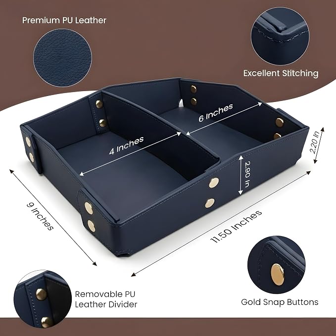 Valet Tray Organizer for Men & Women - PU Leather Catch All Tray with Removable Divider - EDC Storage for Keys, Watch, Phone - Nightstand, Dresser & Desk Organizer - Pacific Navy