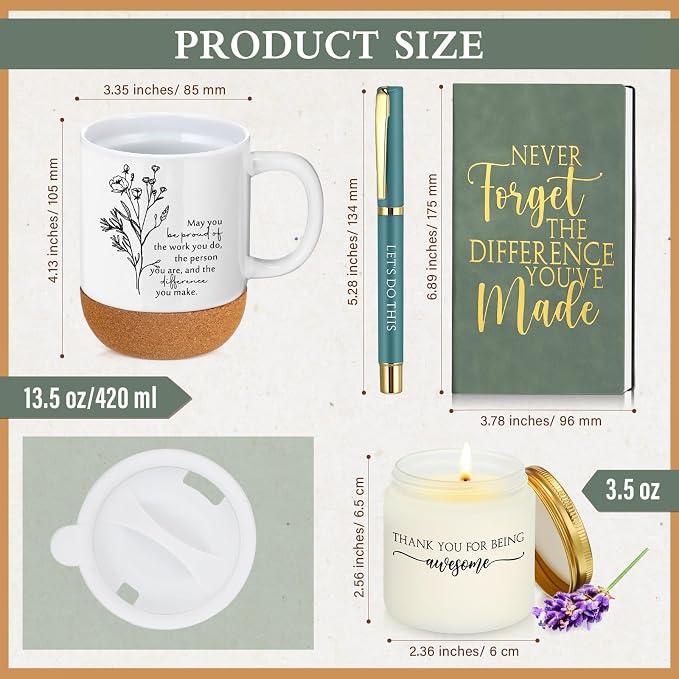 Sayglossy 4 Pcs Inspirational Thank You Gifts Set for Employee Back to School Teacher Never Forget The Difference You Made Notebook Coffee Mug Candle Ballpoint Pen for Team Coworker Volunteer Mom