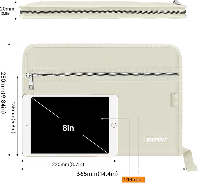 ENGPOW Expanding File Folder,Fireproof 13 Pockets Document Organizer Bag | Accordion File Organizer with Zipper＆Labels,Portable Home Travel Safe Storage for Important Files,Papers,Letter Size,Beige