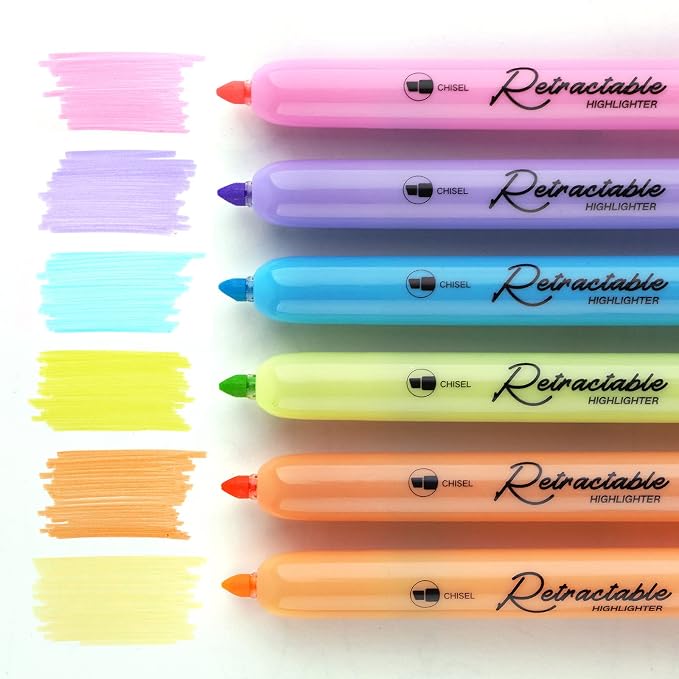 WRITECH Retractable Highlighters Assorted Colors: Chisel Tip Click Aesthetic Highlighter Marker Pens Pack Multi Colored Ink No Bleed Smear for Highlighting Journaling (6ct Pastel)