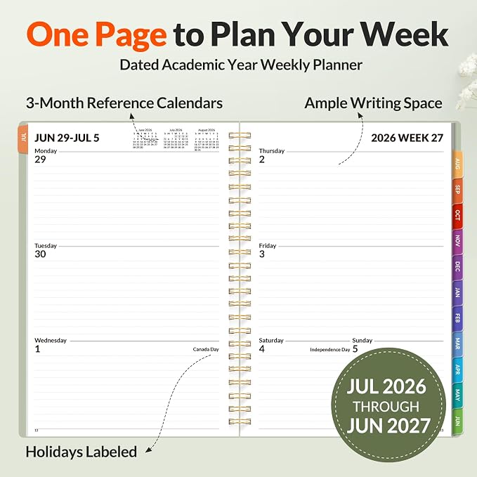 SUNEE Academic Planner 2026-2027 – Weekly & Monthly Planner, July 2026 to June 2027, 6.4"x8.3", Thick Paper, Tabs, Pockets, Bookmark, Spiral-Bound, Student Teacher Organizer, Sage Green