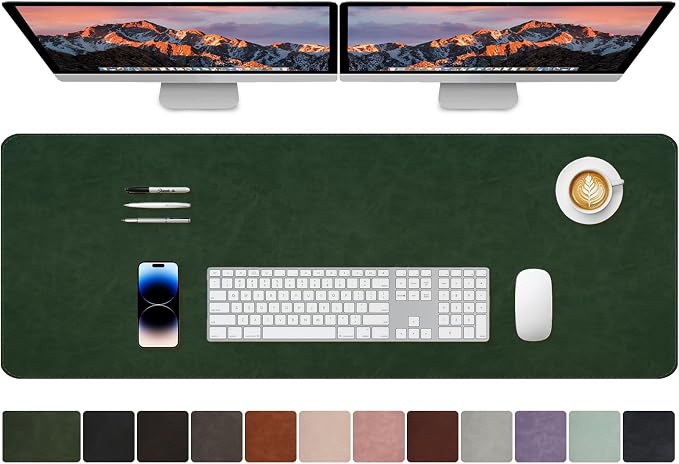CHEERYGOO Faux Leather Desk Mat - Waterproof Mouse Pad, Non-Slip PU Leather Blotter, Writing Surface for Office and Home 47"x17" XXL Dark Green