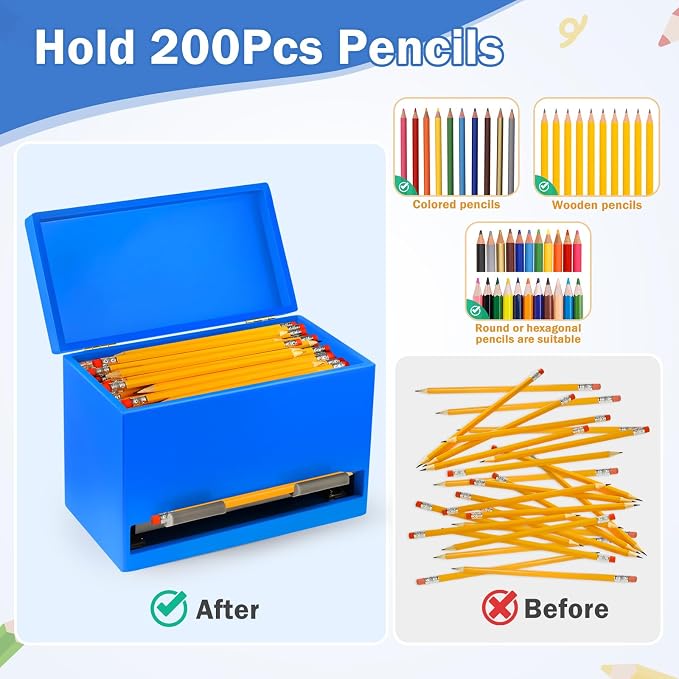 YEGEER Pencil Dispenser for Classroom, Wooden Pencil Holder, Classroom Teacher Must Have, Pencils Straws Organization & Storage for Classroom Office Kitchen Restaurant (blue)