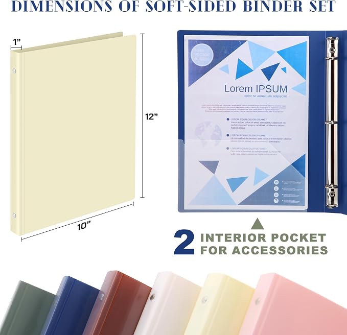 Fulmoon 6 Pack Plastic 3 Ring Binder Assorted Colors Economy Flexible Round Ring Presentation Binders with Pocket for Office School Meeting(1 Inch,Morandi Colors)