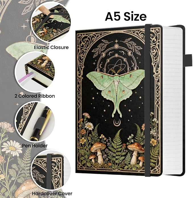 ANATTASOUL Moths Lined Journal Notebook with Pen Holder(320 Pages) | College Ruled Notebooks for Women Men 8.26"*5.7" A5 Hardcover Leather Journals for Writing,Work,Note Taking,Diary,Gifts