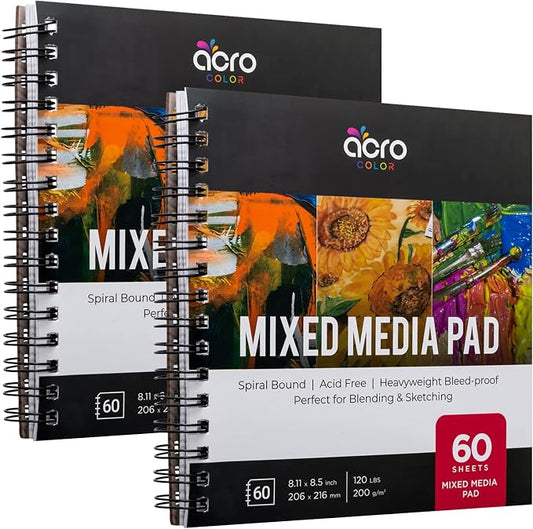 Mixed Media Sketchbook 8.11” x 8.5” | Spiral Bound Sketch Pad With Thick, Heavyweight Paper, 200 GSM, 120 LBS | Art Sketch Book For All Wet & Dry Media - Watercolor, Paint, Pencils, Charcoal, Pens |