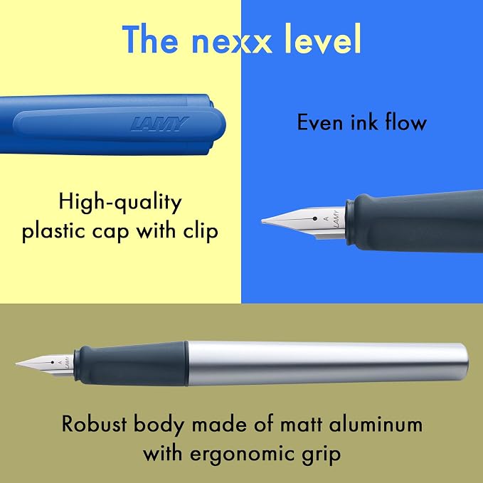 LAMY nexx blue – Fountain Pen with slip-proof grip & polished Left-Handed steel nib (LH) in size M - triangular aluminum body - including LAMY T 10 blue cartridge