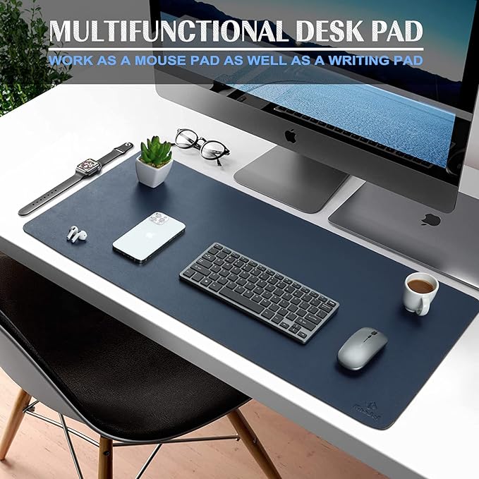 K KNODEL Small Office Desk Mat, Leather Mouse Pad (23.6"x13.8", Dark Blue) | Desk Pad, Keyboard Pad, Computer and Laptop Mat, Desktop Protector and Cover, Writing Pad and Blotter for Home Office