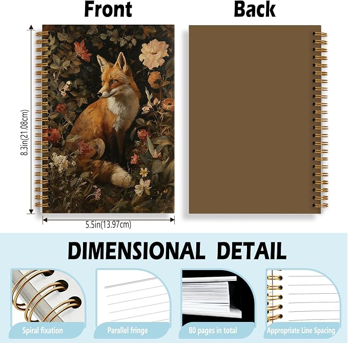 Vintage Floral Fox Journal Notebook 5.5x8.3, William Morris Inspired Wildlife Journal, Fox Gifts for Women, Dark Cottagecore Botanical Notebooks for Work