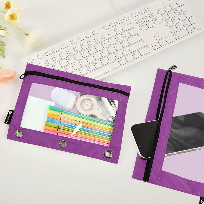 Gredecor Binder Pencil Pouch 3 Ring Purple Zipper Pencil Pouches Case 2 Pack Clear Binder Organizer for School Office