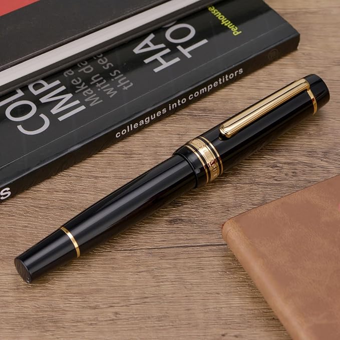 Yongsheng Junlai 930 Acrylic Fountain Pen, Size 9 Medium Nib with Piston Filling System, Piano Black Fence Ink Tank with Flat Top Design Smooth Writing Pen (Gold Trim)