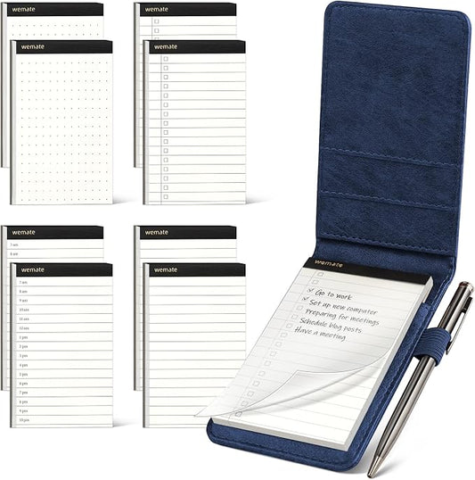 WEMATE 10 Pieces Small Notepad Holder Set Pocket Notebook - Included Mini Pocket Notepad Holder Set with 8 Memo Book Refills and Metal Pen for Meetings, Daily Records, and Notes 3 x 5 Inch (Blue) | Included Mini Pocket Notepad Holder Set with 8 Memo Bo...