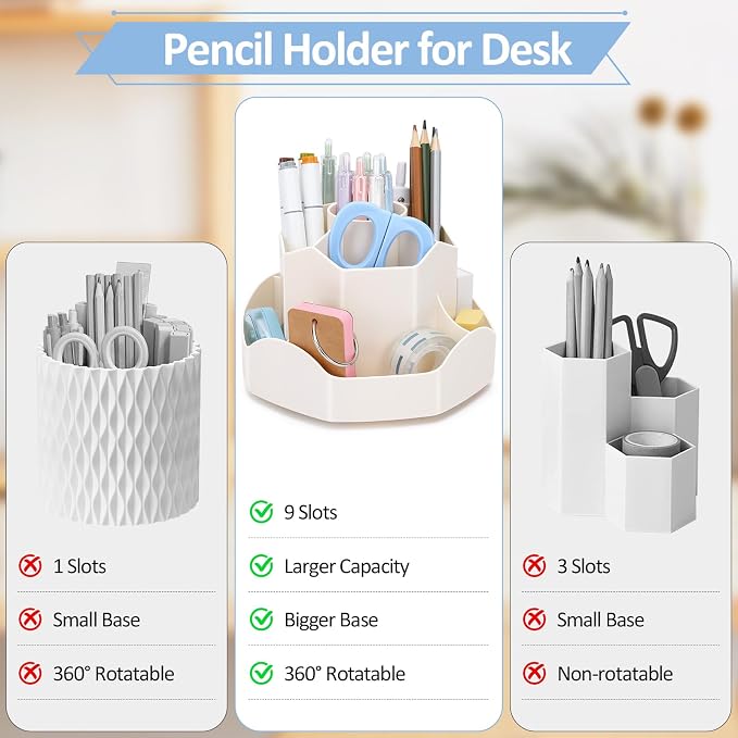 Zevemomo Pen Holder for Desk, 360 Degree Rotating Pencil Desk Organizer, Pen Organizer with 9 Slots, Large Capacity Pen Holder, Desktop Storage Stationery Supplies Organizer, Beige
