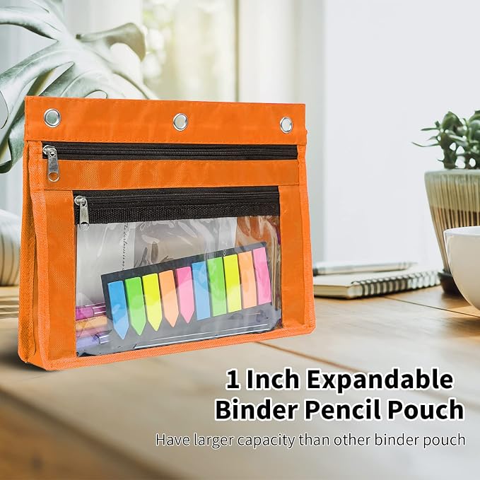 YoeeJob 2 Pack 1 Inch Expandable Zipper Pencil Pouches with Clear Window for 3 Ring Binder, Suitable for School & Office (Orange+Blue)