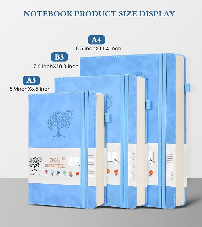 PERCUN A4 Lined Journal Notebook，365 Page Large Leather Journals for Writing Women Men，Hardcover Notebook with 100Gsm Thick Pages for Travel，Work，School，College Ruled, Daily Diary (8.5" x 11.4")