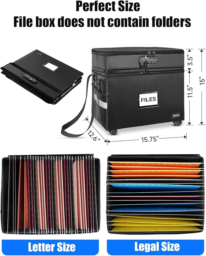 DEEGO 3 Layer Rolling File Box, Fireproof Document Box with Wheels | Multi-Layer Water-Resistant File Organizer Portable file Cabinet for Home Office for Hanging Letter/Legal Folder
