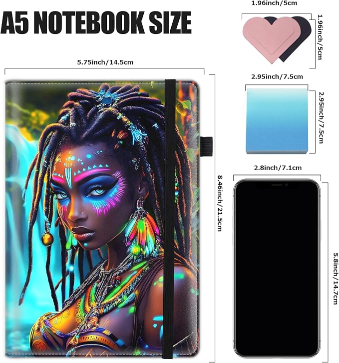 Hardcover Executive Notebooks, A5 PU Leather Lined Journal Notebook, 200 Pages Thick Paper Subject Notebooks for School,Work,Home Writing Business Notebook, Diary Book ，African American Girl