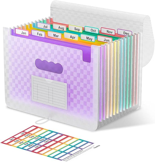 ThinkTex Accordion File Organizer, 12 - Pocket Expanding File Folders | for Paper Receipts, Bills & Taxes Organizer, Letter/A4 Size Document Holder for School, Office, Home with tabs-Purple