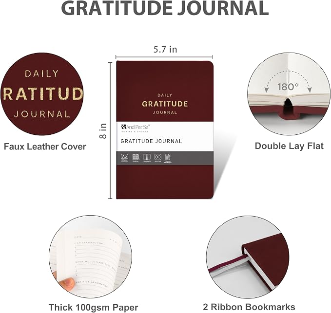 And Per Se Gratitude Journal – 5 Minute Daily Practice for Women with Prompts & Quotes – Undated Mindfulness & Happiness Notebook (Dark Red)