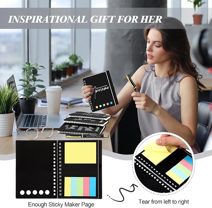 Chiisong 20 Sets Back to School Gifts Bulk Inspirational Spiral Notebook and Pen with Sticky Note Thank You Affirmation Gift for Teacher Nurse Coworker Employee Staff (Classic Black)