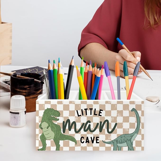 Dinosaur Pen Pencil Holder Organizer for Desk, Little Man Cave Dino Retro Neutral Checkered Wooden Box Signs Decorations for Kids Boys Room Bedroom Desk Tabletop, Dinosaur Gifts for Kids Boys