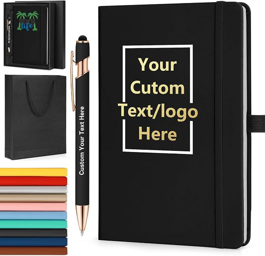 ENOMY Personalized A5 Notebook & Pen Set Custom PU Leather Journal 200 Lined Pages Custom Notebook with Gift Box Journals for Writing College Birthday Business Gift, Black