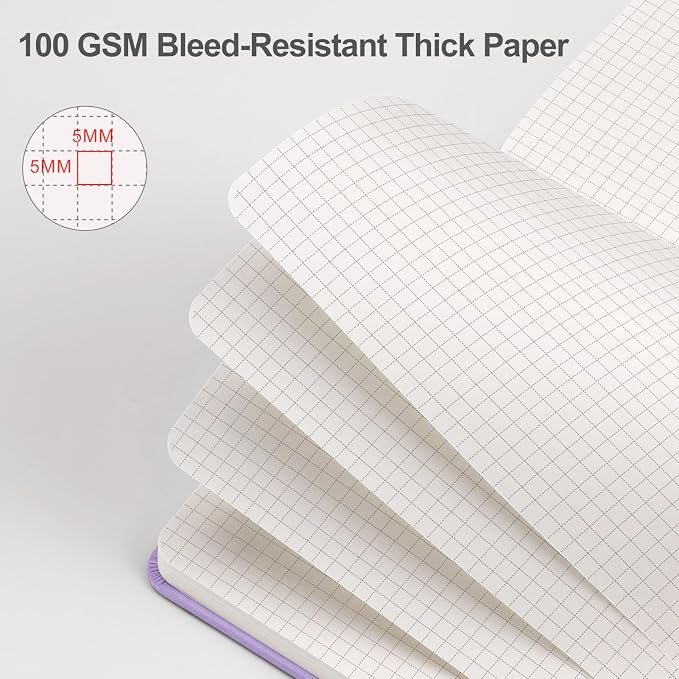 EMSHOI Graph Grid Journal Notebook, 192 Pages, A5 Size (5.7'' x 8.3'') | Leather Hardcover, 100 GSM Thick Paper, for School, Note Taking, Math, Engineering, Sun Debossed (Light Purple)