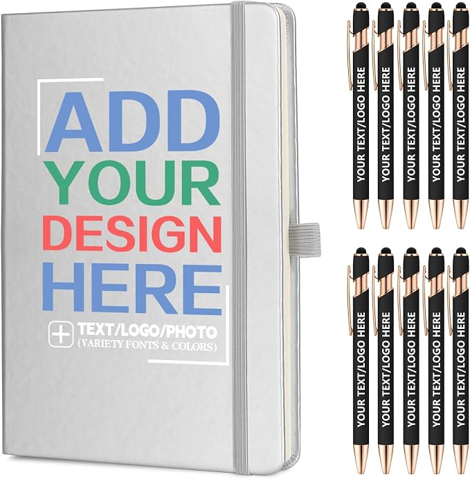 ENOMY Personalized Notebook Journal & 10 PC Pens Gift Set Custom Notebook A5 200 Pages A5 Lined Journal for Men Women Hardcover Notebooks for Work College Graduation Gifts, Silver