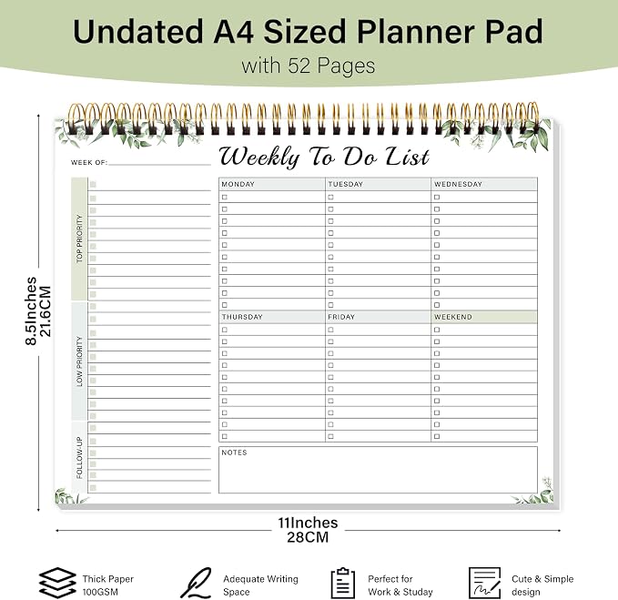 Weekly To Do List Pad with 52 Undated Sheets（8.5"×11"）- Weekly Desk Notepad with Spiral Binding for Women & Man, Office, School and Home Personal Organizer