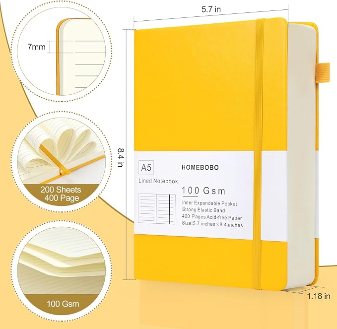 Journals for Writing, A5 Leather Ruled Notebook with 400 Pages, 100 Gms College Ruled Journal with Thick Paper, Hardcover with Inner Pocket & Pen Holder, Brown