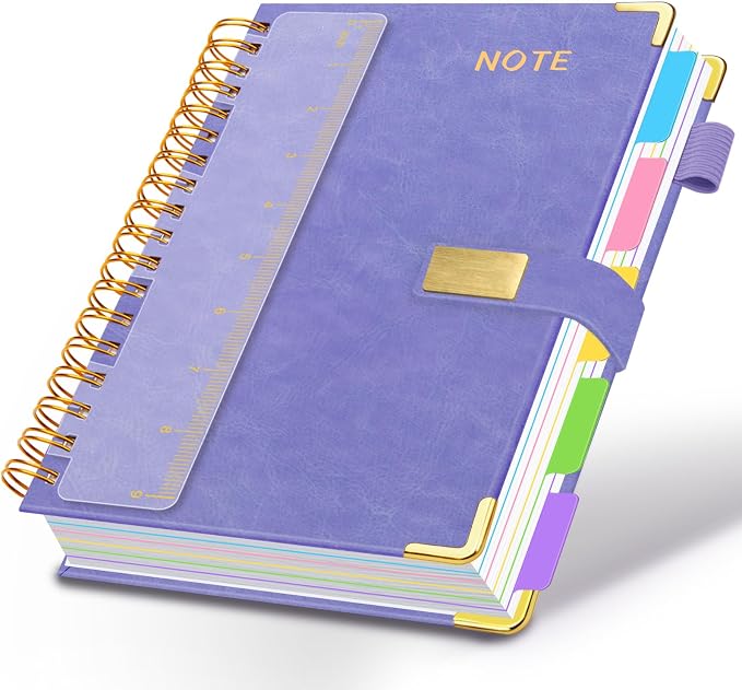 Hardcover Spiral Notebook 8''x 10'' College Ruled Notebook with Magnetic Closure, 300 Pages 5 Subject Notebooks with Pocket Dividers for Work School, B5 Leather Journal for Women, Men (Lilac Purple)