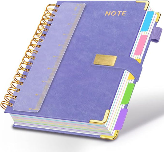 Hardcover Spiral Notebook 8''x 10'' College Ruled Notebook with Magnetic Closure, 300 Pages 5 Subject Notebooks with Pocket Dividers for Work School, B5 Leather Journal for Women, Men (Lilac Purple)