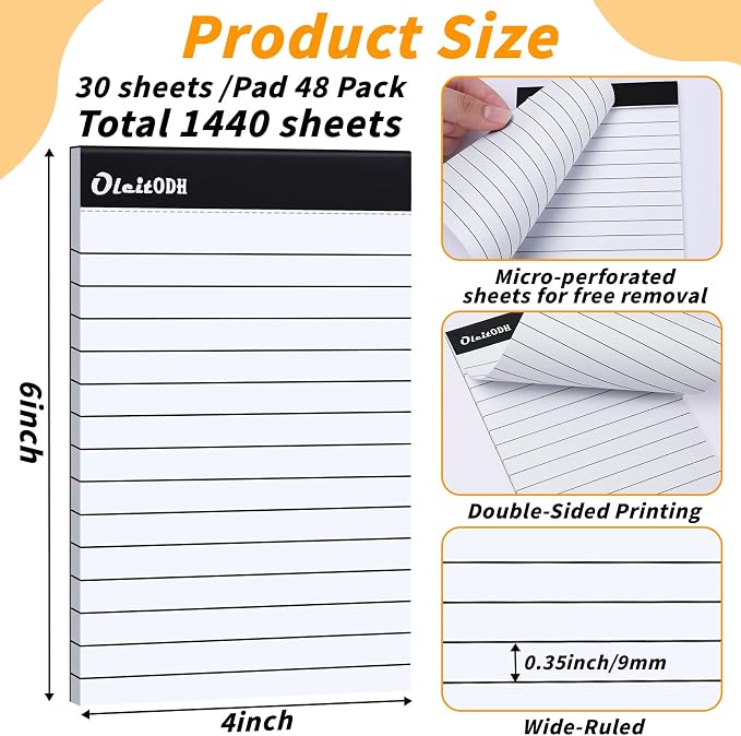 Oleitodh 48 Pack 4 x 6 Inch Notepads White Memo Pads Writing Pads | Perforated Lined Pages with 30 Sheets Each, Small Note Pads for Office, School and Home; Pocket Memo Pads for Daily Lists