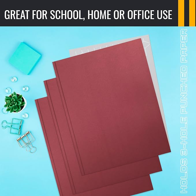 Better Office Products Burgundy Paper 2 Pocket Folders with Prongs, 50 Pack, Matte Texture, Letter Size Paper Folders, 50 Pack, with 3 Metal Prong Fastener Clips, Burgundy Red