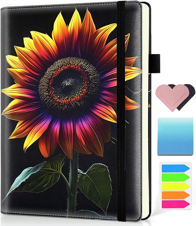 Hardcover Executive Notebooks, A5 PU Leather Lined Journal Notebook, 200 Pages Thick Paper Subject Notebooks for School,Work,Home Writing Business Notebook, Diary Book ，Colored Sunflowers