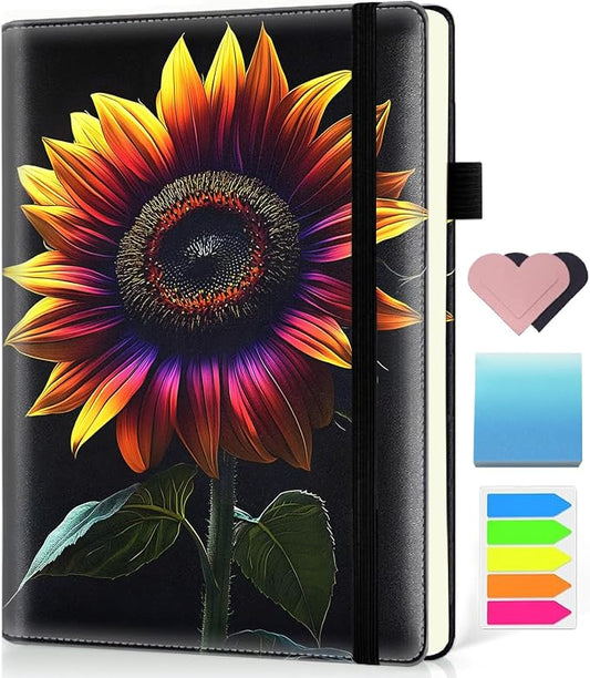 Hardcover Executive Notebooks, A5 PU Leather Lined Journal Notebook, 200 Pages Thick Paper Subject Notebooks for School,Work,Home Writing Business Notebook, Diary Book ，Colored Sunflowers