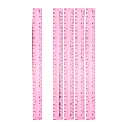 HARFINGTON 5pcs Plastic Rulers 12" (30cm) Clear Straight Ruler Measuring Tool Inches and Centimeters for Home Office Classrooms Drafting, Clear Pink
