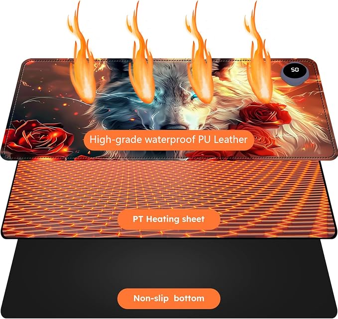 Heated Mouse Pad with 3 Levels Heated & 3 Hours Auto Shut-Off Mouse Pad for Warming Hands in Office Home, 23.6" x 14.2"Large Safe Desk Mat Hand Warmer，Wolf Rose