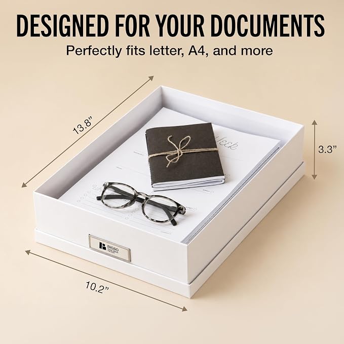 Bigso Oskar Fiberboard Label Frame Document Letter Box - File Organizer Box for Important Paperwork - Document Storage with a Lid & Metal Label Window - 3.3 in x 10.2 in x 13.8 in - 3 Pack - White
